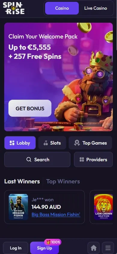 Spinrise casino mobile lobby with welcome pack banner and quick navigation