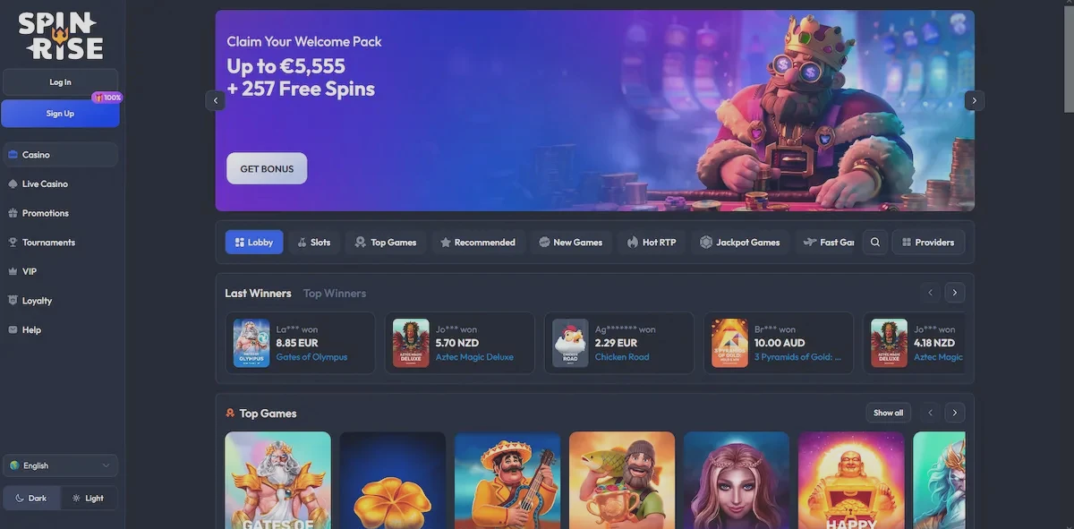 Spinrise casino lobby with pokies, live winners feed and game categories