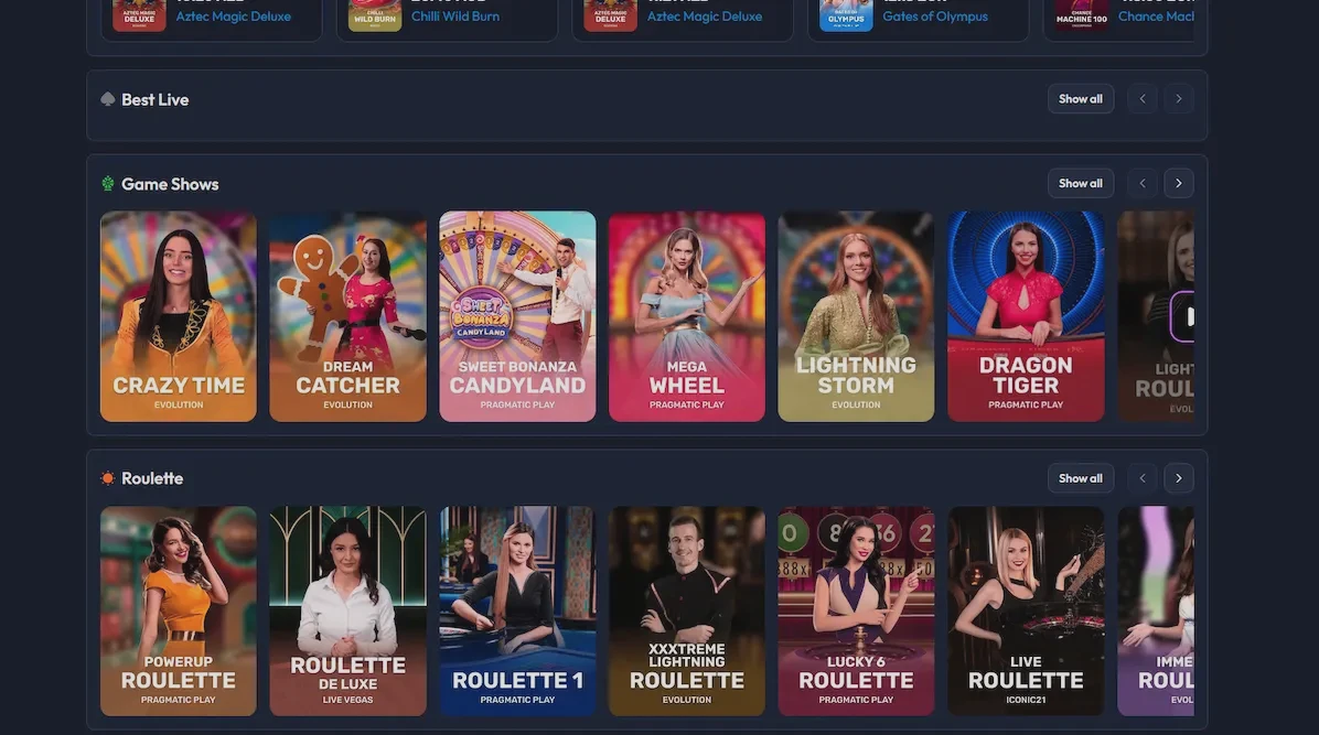 Spinrise live casino lobby with dealer tables streaming in HD