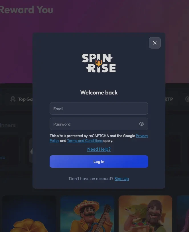 Spinrise casino login screen with email and password fields