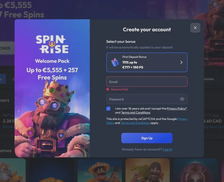 Spinrise casino registration screen with welcome bonus selection